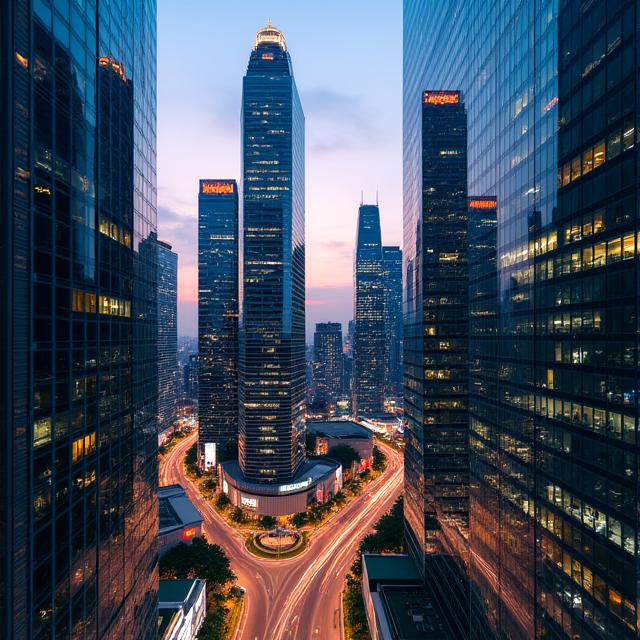 Modern cityscape of Singapore's business district at dusk.